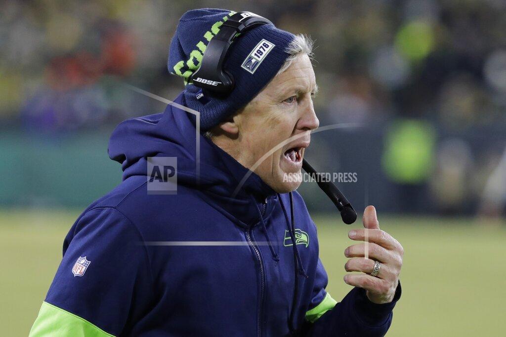 Darron Cummings Seattle Seahawks head coach Pete Carroll yells during the first half of an NFL divisional playoff football game against the Green Bay Packers Sunday, Jan. 12, 2020, in Green Bay, Wis. (AP Photo/Darron Cummings)