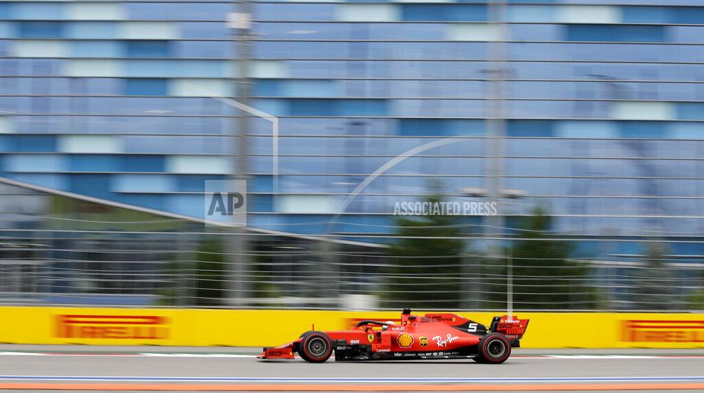 Luca Bruno Ferrari driver Sebastian Vettel of Germany steers his car during the second free practice at the 'Sochi Autodrom' Formula One circuit, in Sochi, Russia, Friday, Sept. 27, 2019. The Formula one race will be held on Sunday. (AP Photo/Luca Bruno)