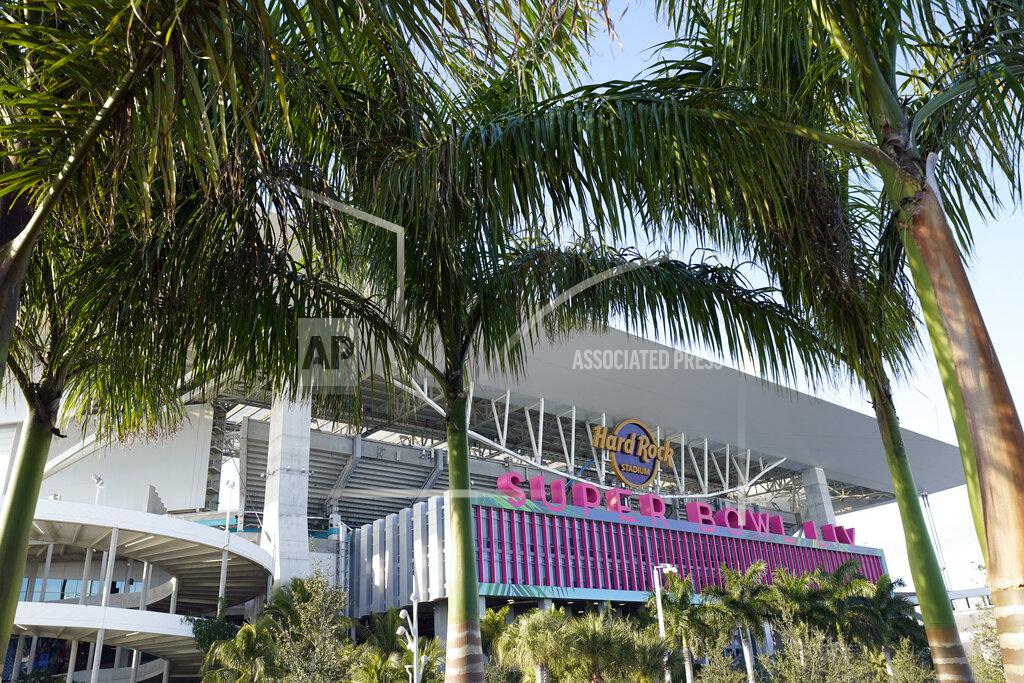 David J. Phillip Hard Rock Stadium is shown Thursday, Jan. 30, 2020, in Miami Gardens, Fla., in preparation for the NFL Super Bowl 54 football game. (AP Photo/David J. Phillip)