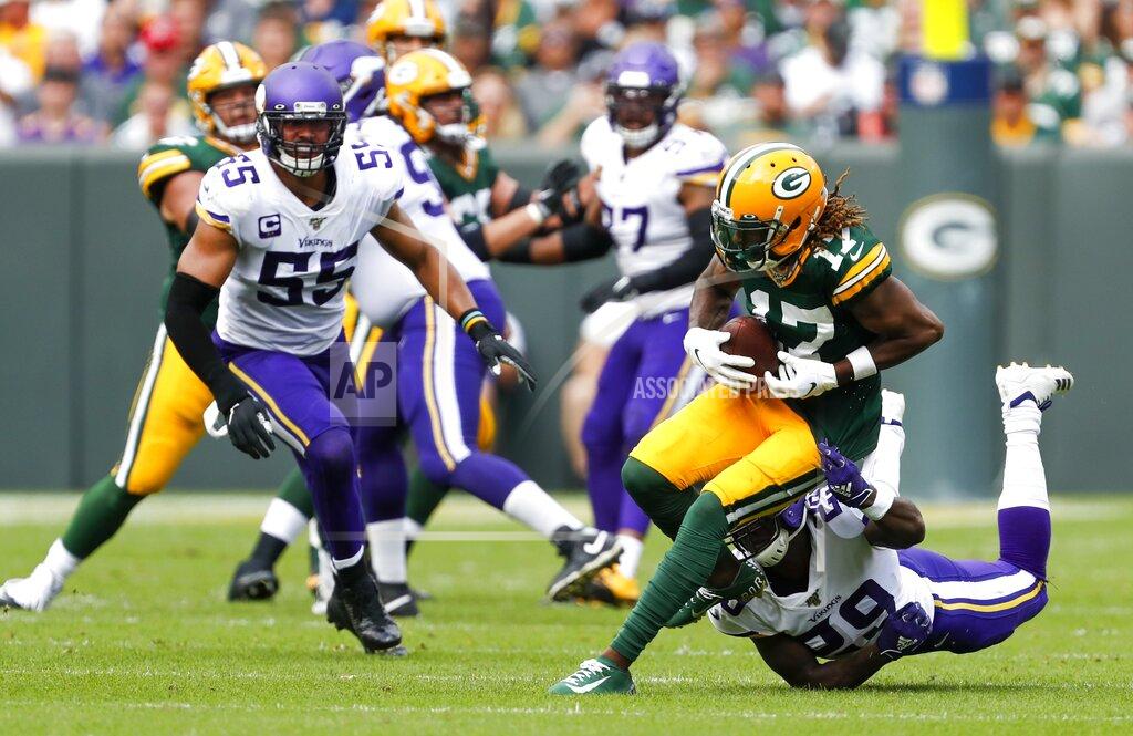 Matt Ludtke Green Bay Packers' Davante Adams runs after catching a pass during the second half of an NFL football game against the Minnesota Vikings Sunday, Sept. 15, 2019, in Green Bay, Wis. (AP Photo/Matt Ludtke)