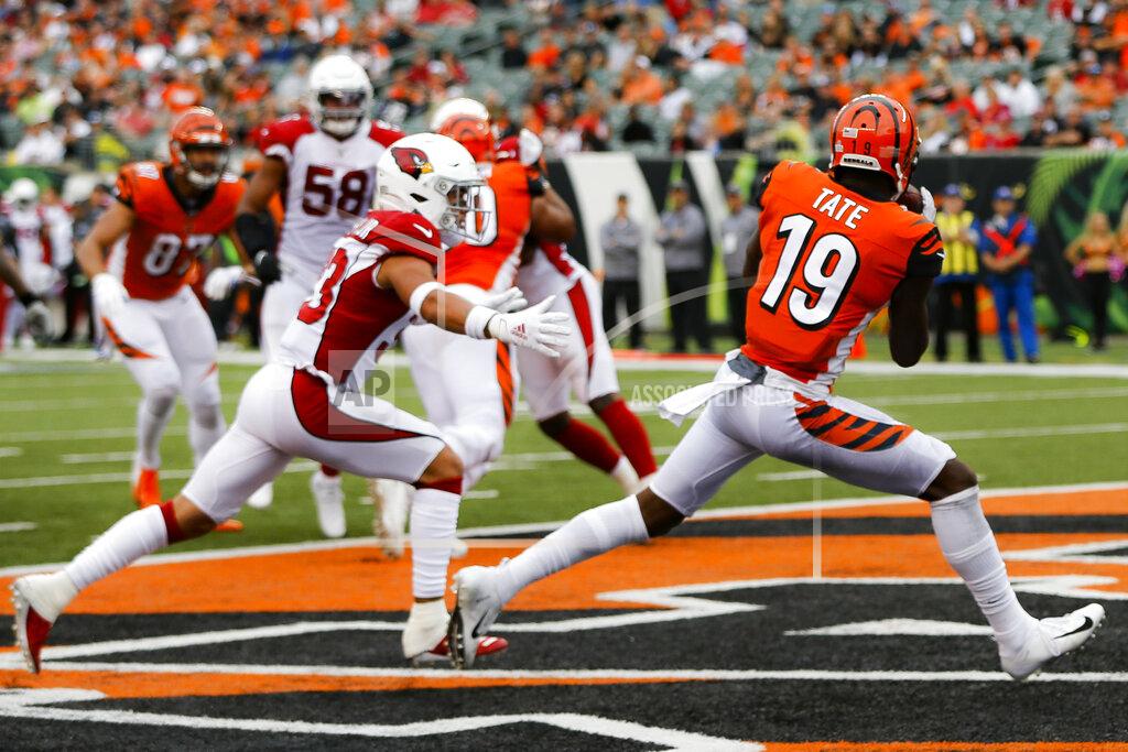 Frank Victores Cincinnati Bengals wide receiver Auden Tate (19) catches a touchdown pass in the second half of an NFL football game against the Arizona Cardinals, Sunday, Oct. 6, 2019, in Cincinnati. (AP Photo/Frank Victores)