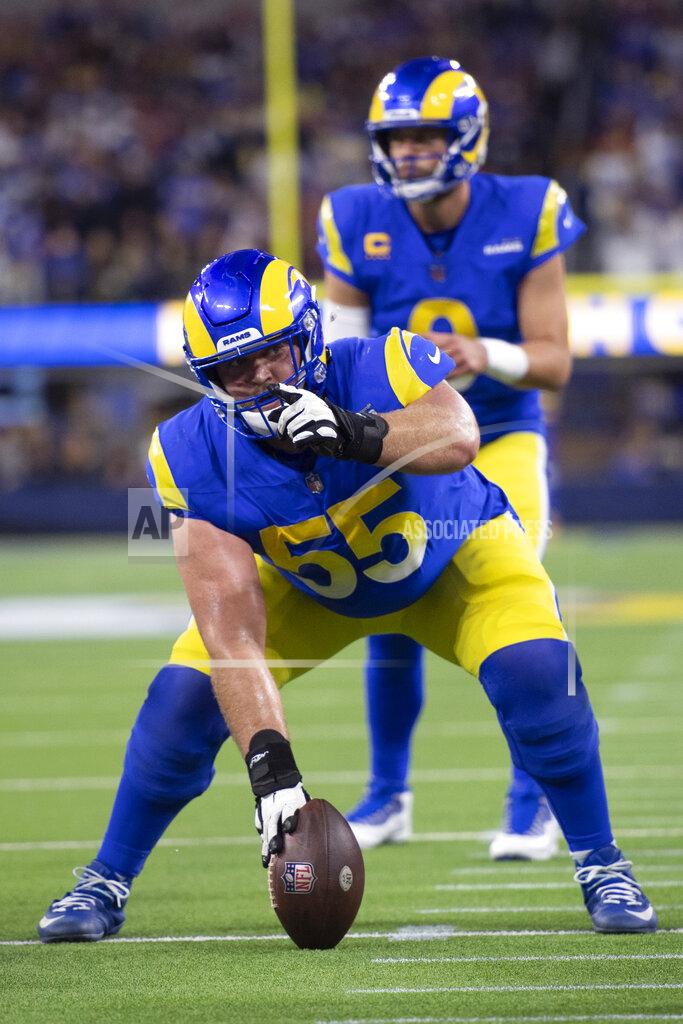 Kyusung Gong FILE - Los Angeles Rams center Brian Allen (55) gestures during an NFL wild-card playoff football game against the Arizona Cardinals Monday, Jan. 17, 2022, in Inglewood, Calif. Allen has agreed to a three-year deal to stay with the Los Angeles Rams. (AP Photo/Kyusung Gong, File)