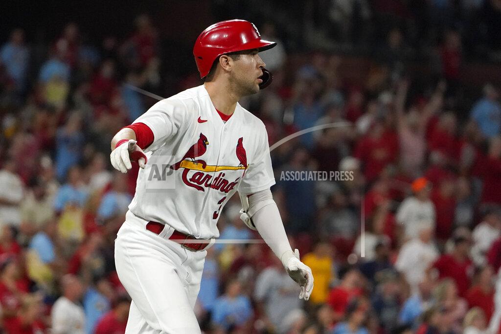 Jeff Roberson St. Louis Cardinals' Dylan Carlson celebrates as he rounds the bases after hitting a grand slam during the eighth inning of a baseball game against the San Diego Padres Friday, Sept. 17, 2021, in St. Louis. (AP Photo/Jeff Roberson)
