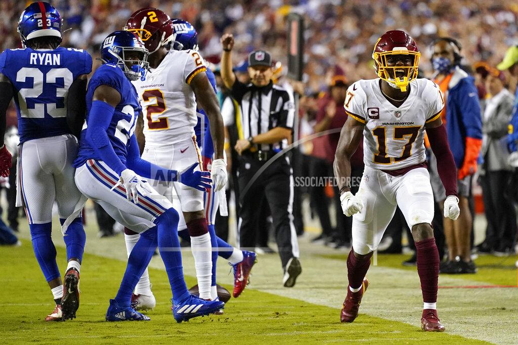 Patrick Semansky Washington Football Team wide receiver Terry McLaurin (17) celebrating his first down catch against the New York Giants during the first half of an NFL football game, Thursday, Sept. 16, 2021, in Landover, Md. (AP Photo/Patrick Semansky)