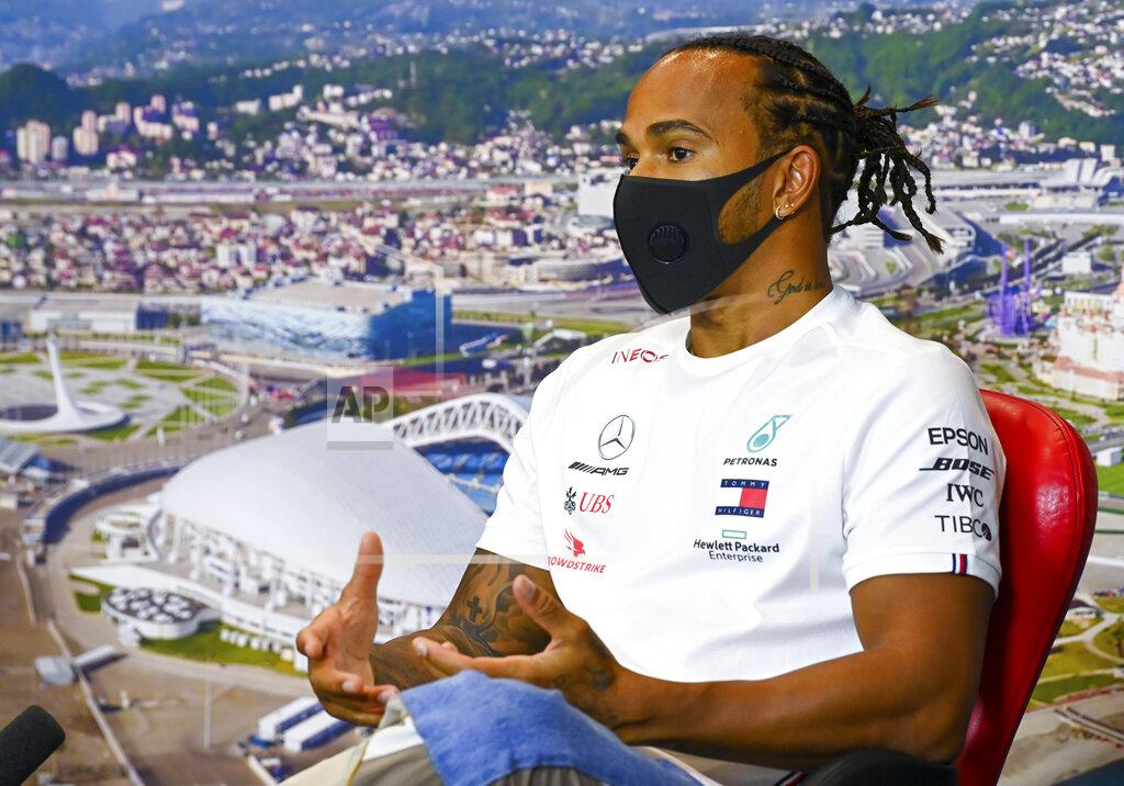 Mark Sutton Mercedes driver Lewis Hamilton of Britain attends a media conference prior to the Russian Formula One Grand Prix, at the Sochi Autodrom circuit, in Sochi, Russia, Thursday, Sept. 24, 2020. The Russian Formula One Grand Prix will take place on Sunday, Sept. 27, 2020. (Mark Sutton, Pool via AP)