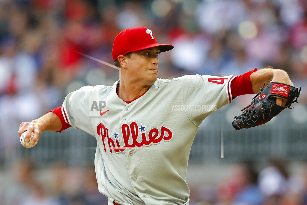 Todd Kirkland Philadelphia Phillies starting pitcher Kyle Gibson delivers in the first inning of a baseball game against the Atlanta Braves, Tuesday, May 24, 2022, in Atlanta. (AP Photo/Todd Kirkland)