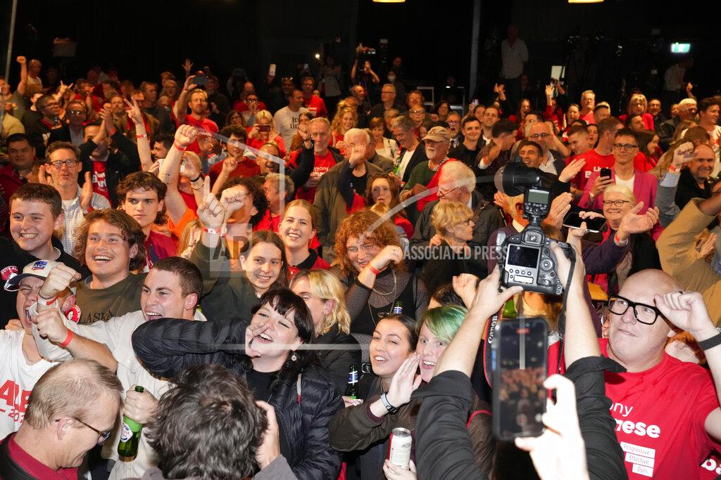 Rick Rycroft at a Labor Party event following the close of the polling places in Sydney, Australia, Saturday, May 21, 2022. Australians voted following a six-week election campaign that has focused on pandemic-fueled inflation, climate change and fears of a Chinese military outpost being established less than 1,200 miles off Australia's shore. (AP Photo/Rick Rycroft)