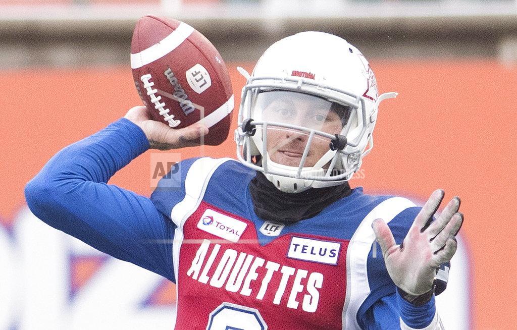 Graham Hughes Montreal Alouettes quarterback Johnny Manziel throws a pass during first half CFL football action against the Toronto Argonauts, in Montreal, Sunday, Oct. 28, 2018. (Graham Hughes/The Canadian Press via AP)