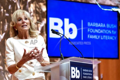 First lady Jill Biden speaks at the Barbara Bush Foundation for Family Literacy's National Summit on Adult Literacy at the Kennedy Center in Washington, Wednesday, Oct. 20, 2021. (AP Photo/Andrew Harnik)