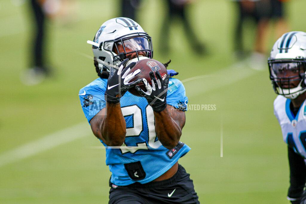 Nell Redmond Carolina Panthers running back Jordan Scarlett pulls in a catch during the NFL football training camp practice Sunday, Aug. 16, 2020 in Charlotte, N.C. (AP Photo/Nell Redmond)