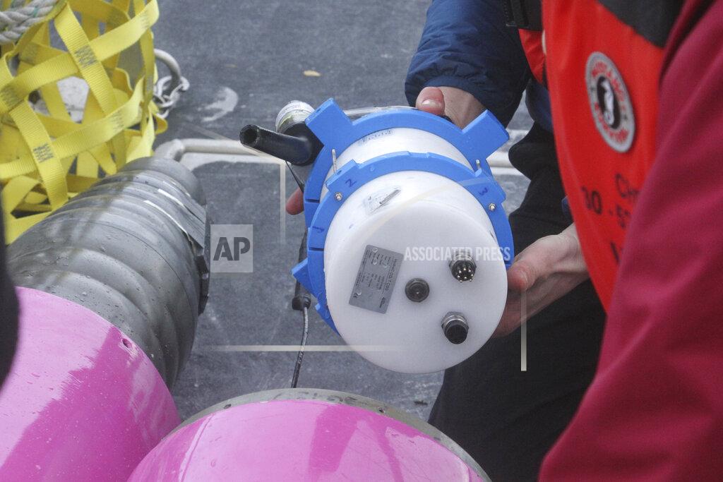 Mark Thiessen This May 4, 2022, photo shows a sensor after it was removed from an underwater glider on the University of Alaska Fairbanks research vessel Nanuq in the Gulf of Alaska. The glider was fitted with special sensors to study ocean acidification. Oceanographers from the University of Alaska Fairbanks tests have been conducting tests this spring with a drone that goes underwater, configured with a sensor specifically designed to measure carbon dioxide levels. (AP Photo/Mark Thiessen)