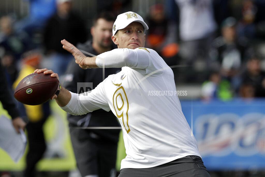 Chris O'meara NFC quarterback Drew Brees, of the New Orleans Saints, throws a pass during a practice for the NFL Pro Bowl football game Wednesday, Jan. 22, 2020, in Kissimmee, Fla. (AP Photo/Chris O'Meara)