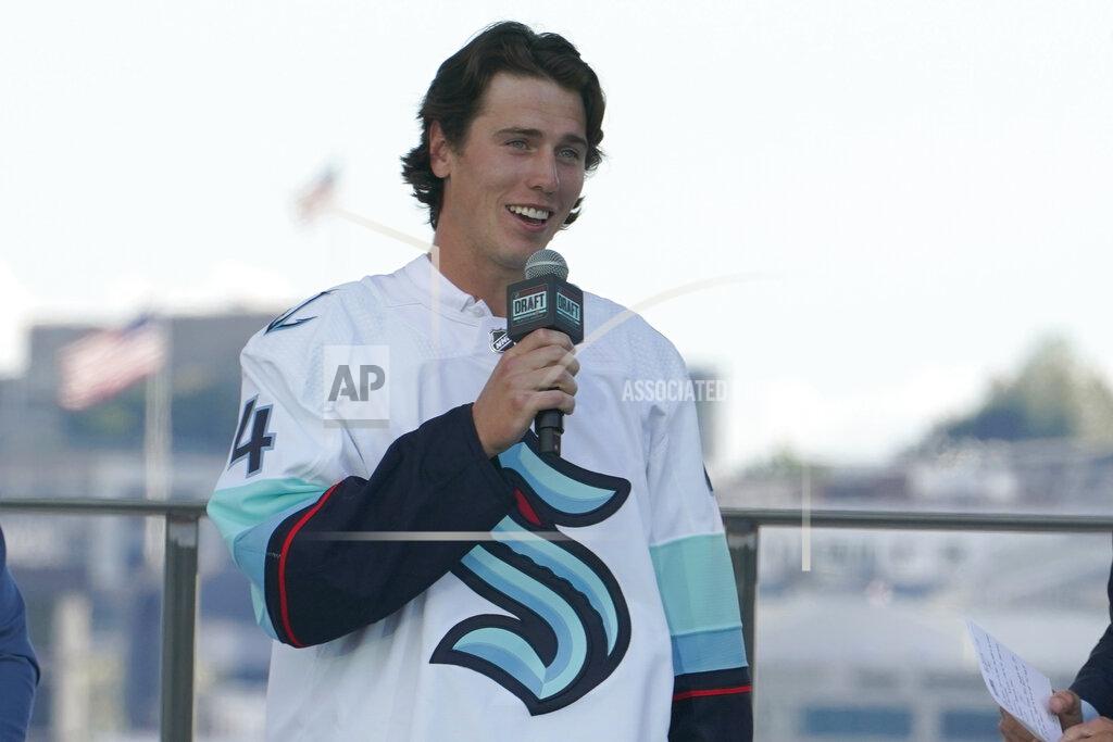 Ted S. Warren Hadyn Fluery, a defenseman from the Anaheim Ducks, speaks after being introduced as a new player with the Seattle Kraken NHL hockey team, Wednesday, July 21, 2021, during the Kraken's expansion draft event in Seattle. (AP Photo/Ted S. Warren)