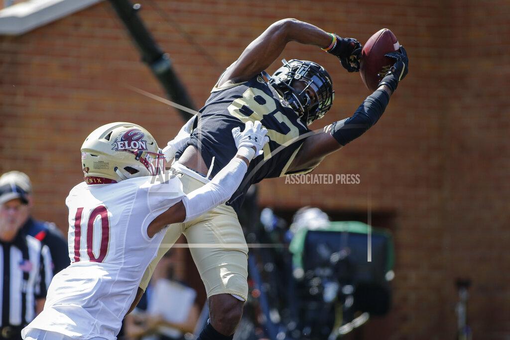 Nell Redmond Elon defensive back Tre'Von Jones (10) pushes Wake Forest wide receiver Jaquarii Roberson out of bounds for an incomplete pass in the first half of an NCAA college football game in Winston-Salem, N.C., Saturday, Sept. 21, 2019. (AP Photo/Nell Redmond)