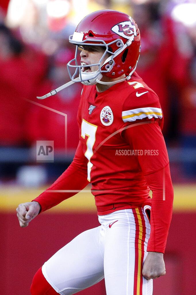 Colin E. Braley Kansas City Chiefs kicker Harrison Butker (7) celebrates his winning field goal against the Minnesota Vikings during the second half of an NFL football game in Kansas City, Mo., Sunday, Nov. 3, 2019. (AP Photo/Colin E. Braley)
