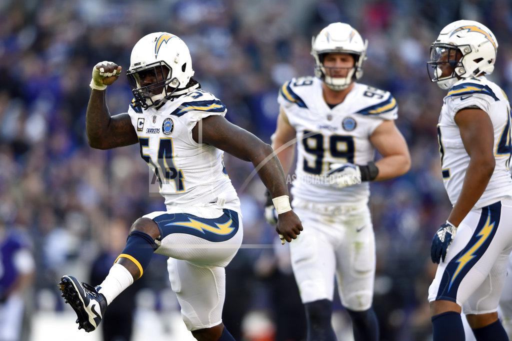 Gail Burton Los Angeles Chargers defensive end Melvin Ingram (54) celebrates after sacking Baltimore Ravens quarterback Lamar Jackson in the second half of an NFL wild card playoff football game, Sunday, Jan. 6, 2019, in Baltimore. (AP Photo/Gail Burton)