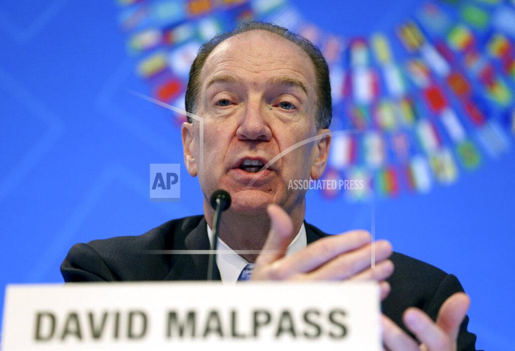 FILE - In this Oct. 17, 2019 file photo, World Bank President David Malpass speaks during a news conference at the World Bank/IMF Annual Meetings in Washington. The World Bank on Tuesday, Jan. 5, 2021 forecast that the global economy will see a subdued recovery this year from a devastating pandemic but warned that the near-term outlook is highly uncertain and growth could be harmed if infections keep rising and the rollout of vaccines is delayed.(AP Photo/Jose Luis Magana, File)