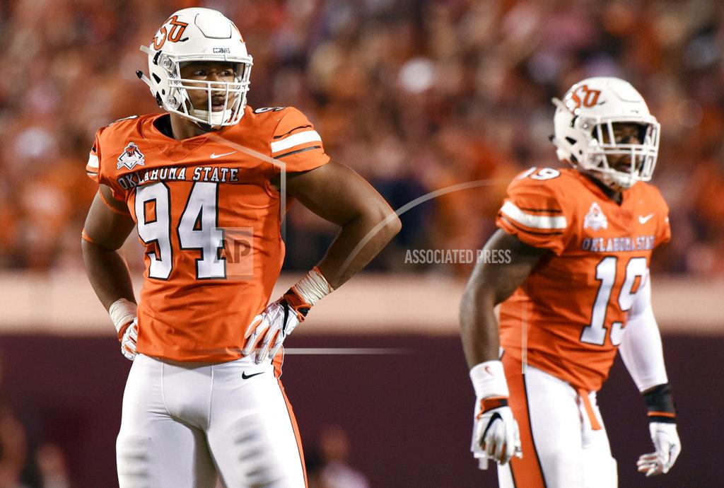 Brody Schmidt FILE - In this Oct. 27, 2018, file photo, Oklahoma State defensive end Jordan Brailford, left, looks to the sideline during an NCAA college football game in Stillwater, Okla. Brailford has enjoyed an outstanding season, ranking among the nation's top 10 in sacks and tackles for loss this season. (AP Photo/Brody Schmidt, File)