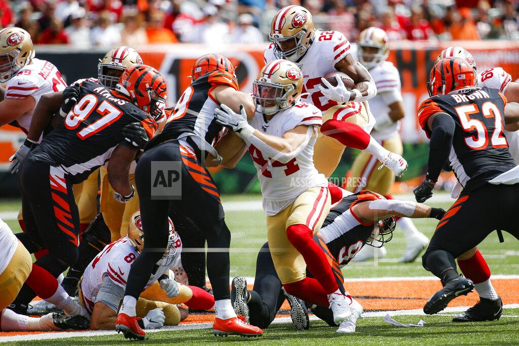 Frank Victores San Francisco 49ers running back Matt Breida (22) runs the ball during the first half an NFL football game against the Cincinnati Bengals, Sunday, Sept. 15, 2019, in Cincinnati. (AP Photo/Frank Victores)