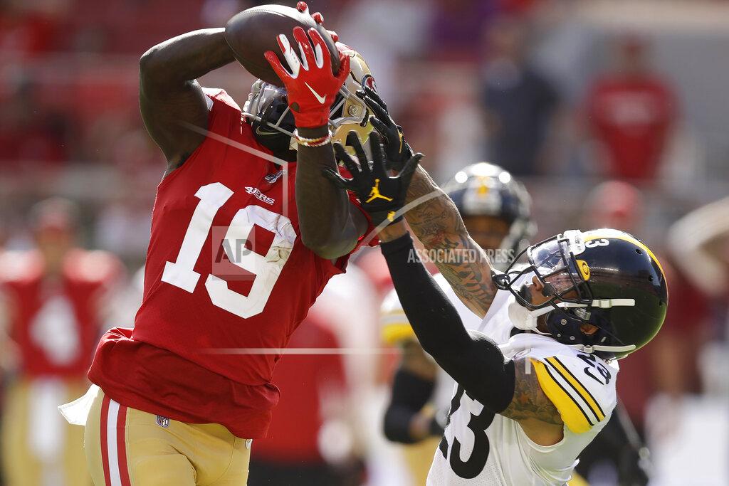 Ben Margot San Francisco 49ers wide receiver Deebo Samuel (19) cannot catch a pass in front of Pittsburgh Steelers cornerback Joe Haden during the second half of an NFL football game in Santa Clara, Calif., Sunday, Sept. 22, 2019. (AP Photo/Ben Margot)