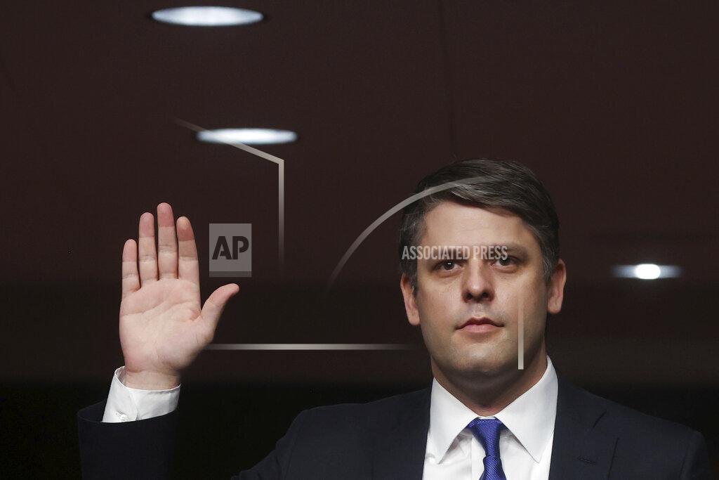 Judge Justin Walker is sworn in prior to testifying before a Senate Judiciary Committee hearing on Walker's nomination to be a U.S. circuit judge for the District of Columbia Circuit on Capitol Hill in Washington, Wednesday, May 6, 2020. (Jonathan Ernst/Pool Photo via AP)