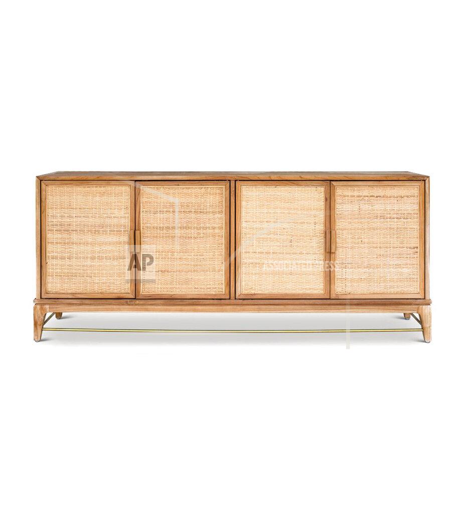 Uncredited This image released by designer Lindye Galloway shows the California credenza with a teak-framed, cane-fronted cabinet with brass detailing. (Lindye Galloway via AP)