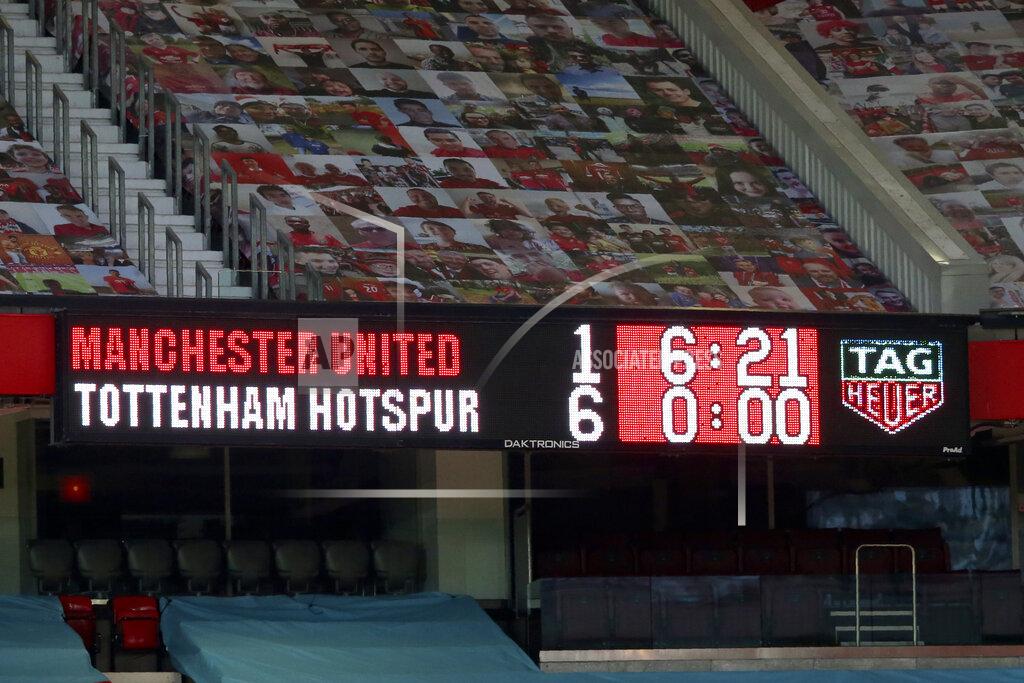Alex Livesey A display show the score at the end of the English Premier League soccer match between Manchester United and Tottenham Hotspur at Old Trafford in Manchester, England, Sunday, Oct. 4, 2020. (Alex Livesey/Pool via AP)