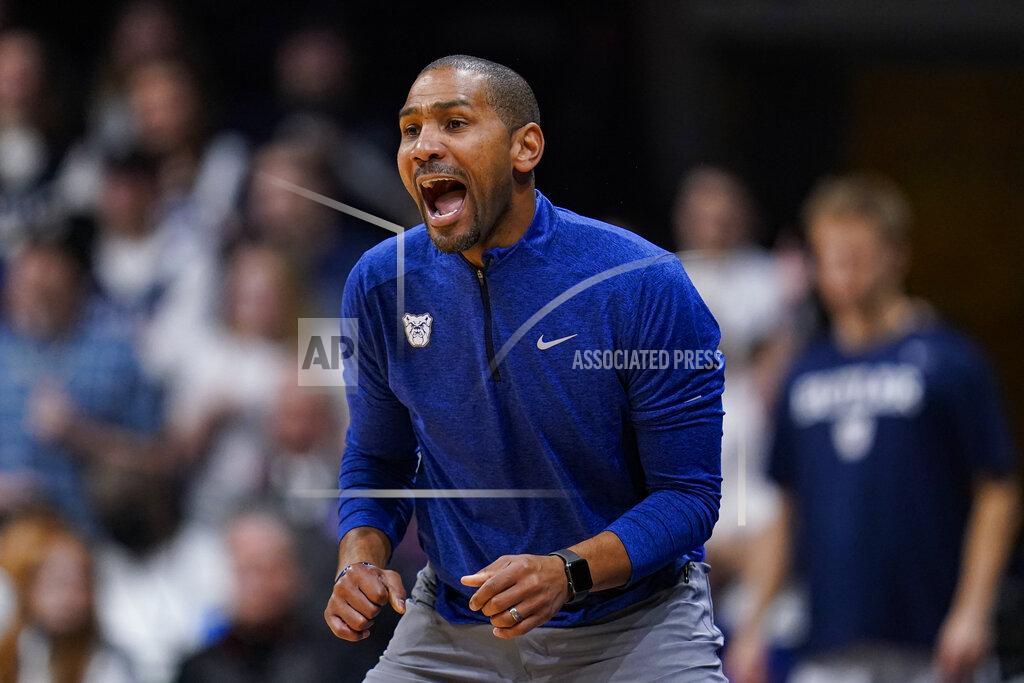 Michael Conroy Butler head coach LaVall Jordan yells to his team in the second half of an NCAA college basketball game against Michigan State in Indianapolis, Wednesday, Nov. 17, 2021. Michigan State defeated Butler 73-52. (AP Photo/Michael Conroy)