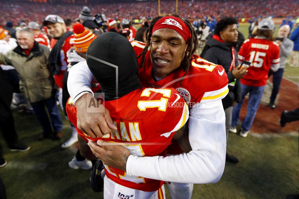 Charlie Neibergall Kansas City Chiefs' Demarcus Robinson (11) and Mecole Hardman (17) celebrate after the NFL AFC Championship football game against the Tennessee Titans Sunday, Jan. 19, 2020, in Kansas City, MO. The Chiefs won 35-24 to advance to Super Bowl 54. (AP Photo/Charlie Neibergall)