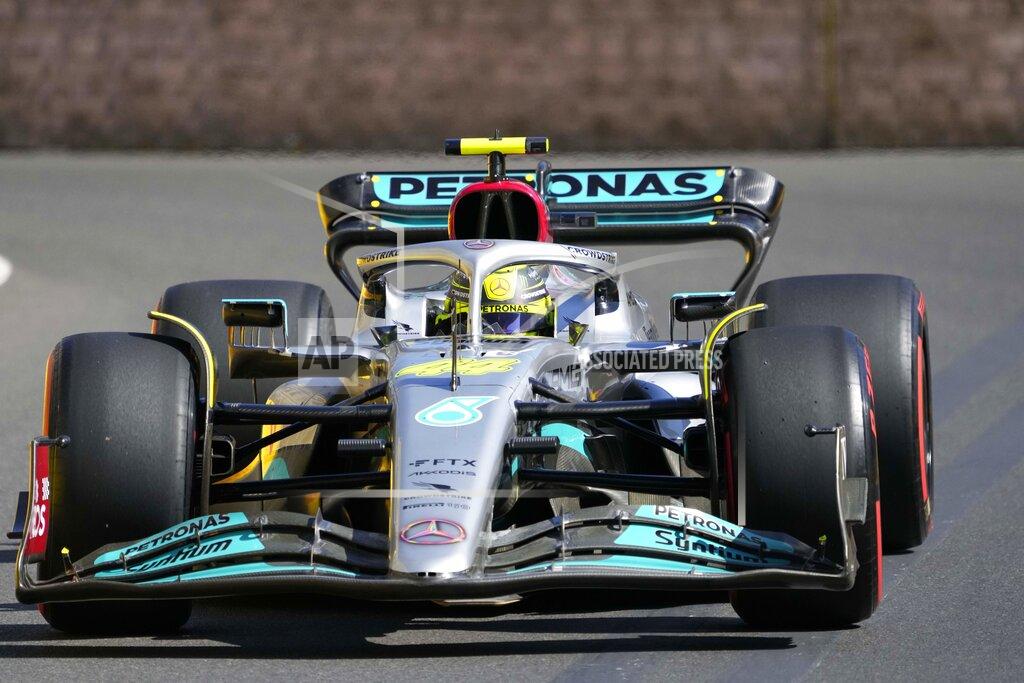 Sergei Grits Mercedes driver Lewis Hamilton of Britain steers his car during the first free practice at the Baku circuit, in Baku, Azerbaijan, Friday, June 10, 2022. The Formula One Grand Prix will be held on Sunday. (AP Photo/Sergei Grits)