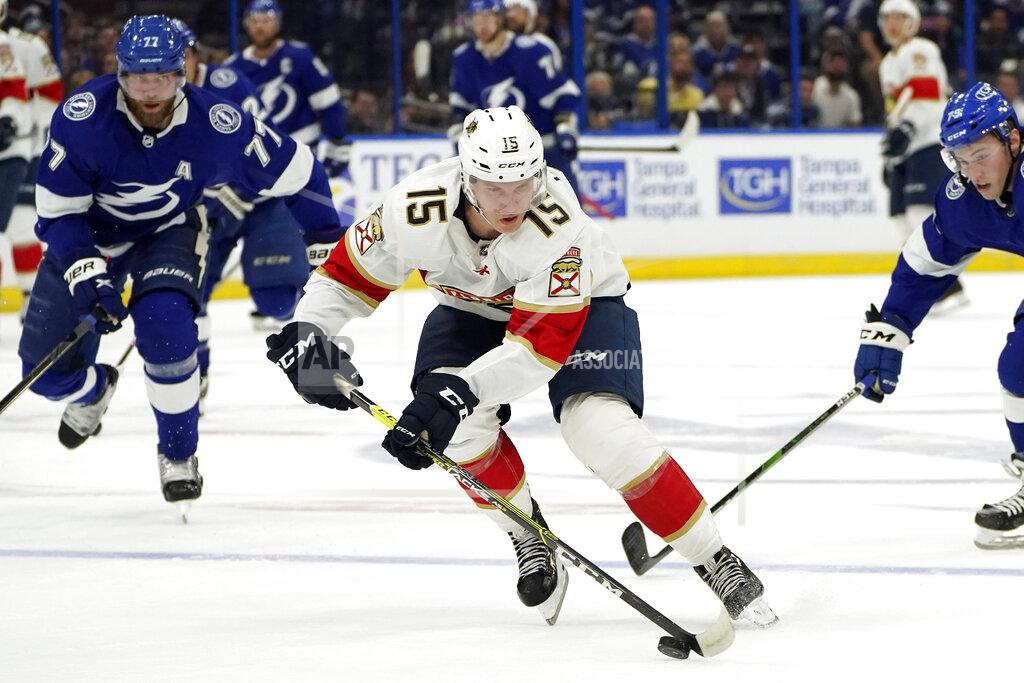 Chris O'MEara Florida Panthers center Anton Lundell (15) goes in on a break-away after getting around Tampa Bay Lightning defenseman Victor Hedman (77) and left wing Ross Colton (79) during the first period of an NHL hockey game Tuesday, Oct. 19, 2021, in Tampa, Fla. (AP Photo/Chris O'Meara)