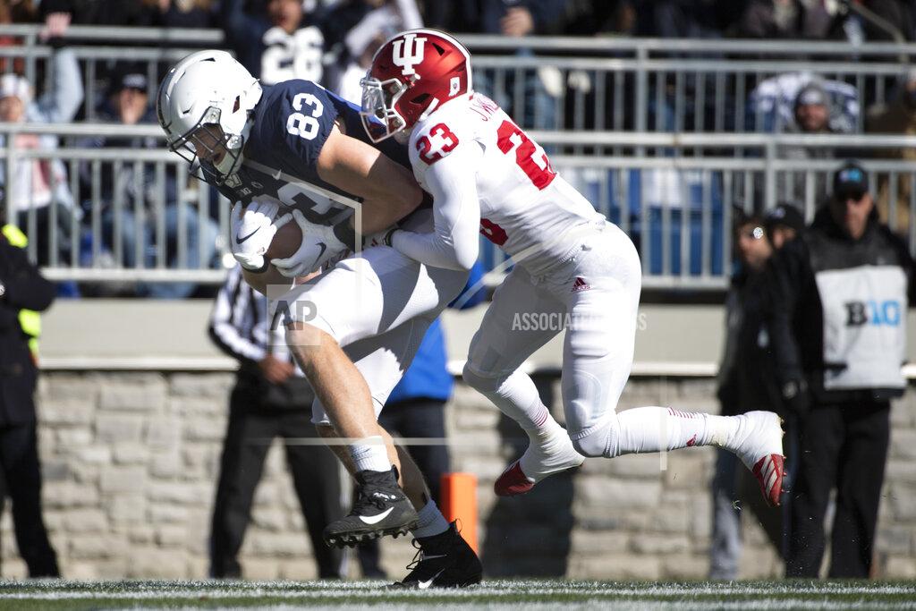 Barry Reeger Penn State tight end Nick Bowers (83) catches a touchdown pass as Indiana defensive back Jaylin Williams (23) defends in the first quarter of an NCAA college football game in State College, Pa., on Saturday, Nov. 16, 2019. (AP Photo/Barry Reeger)