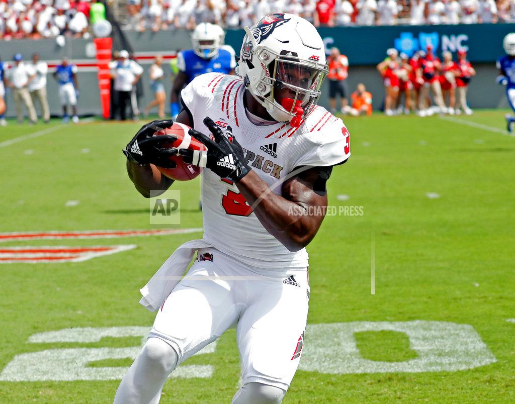 Chris Seward North Carolina State's Kelvin Harmon (3) runs upfield after making a catch during the first half of an NCAA college football game in Raleigh, N.C., Saturday, Sept. 8, 2018. (AP Photo/Chris Seward)