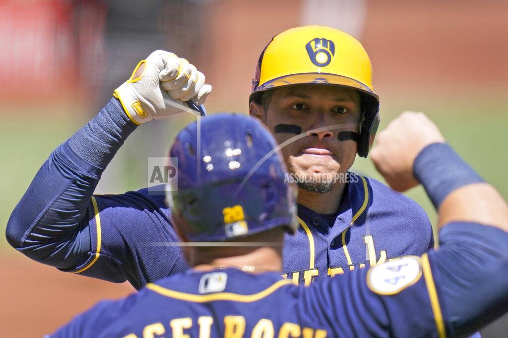 Jeff Roberson Milwaukee Brewers' Avisail Garcia, right, is congratulated by teammate Daniel Vogelbach after hitting a two-run home run during the first inning of a baseball game against the St. Louis Cardinals Sunday, April 11, 2021, in St. Louis. (AP Photo/Jeff Roberson)