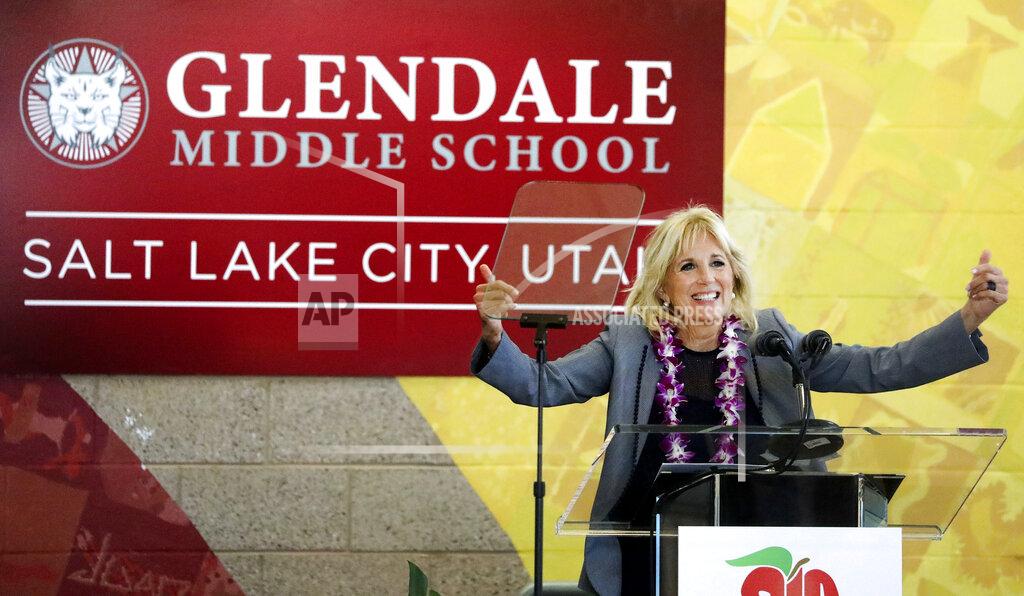 Laura Seitz First lady Jill Biden speaks during a visit to Glendale Middle School in Salt Lake City, Wednesday, May 5, 2021. Biden visited the school to thank teachers for their diligence and hard work during the pandemic. (Laura Seitz/The Deseret News via AP)