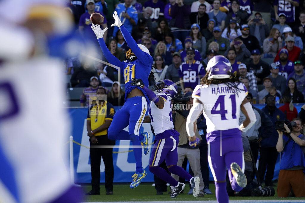 Marcio Jose Sanchez Los Angeles Chargers wide receiver Mike Williams, above, makes a touchdown catch in the end zone as Minnesota Vikings cornerback Mike Hughes defends during the first half of an NFL football game Sunday, Dec. 15, 2019, in Carson, Calif. (AP Photo/Marcio Jose Sanchez)