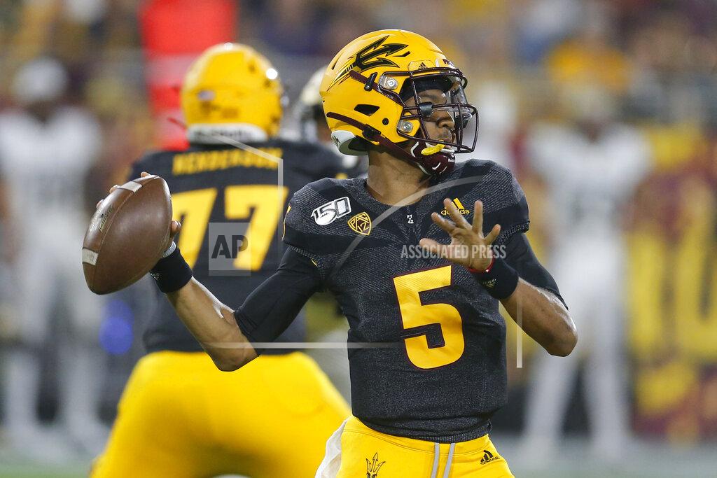 Rick Scuteri Arizona State quarterback Jayden Daniels throws for a first down against Colorado during the first half of an NCAA college football game Saturday, Sept. 21, 2019, in Tempe, Ariz. (AP Photo/Rick Scuteri)