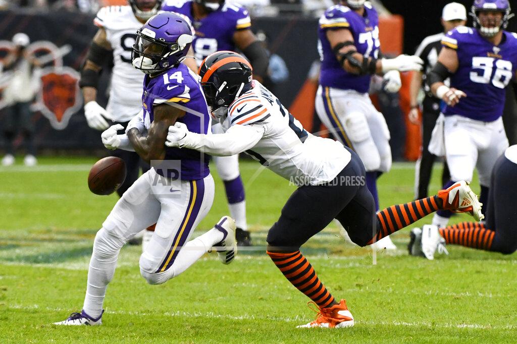 Matt Marton Minnesota Vikings wide receiver Stefon Diggs, left, fumbles as he is hit by Chicago Bears cornerback Prince Amukamara during the first half of an NFL football game Sunday, Sept. 29, 2019, in Chicago. The Bears recovered the fumble. (AP Photo/Matt Marton)
