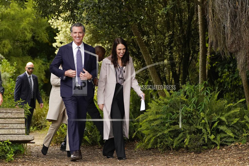 Eric Risberg California Gov. Gavin Newsom and New Zealand Prime Minister Jacinda Ardern walk together through the San Francisco Botanical Garden at Golden Gate Park in San Francisco, Friday, May 27, 2022. Gov. Newsom met with Ardern in Golden Gate Park "to establish a new international partnership tackling climate change." (AP Photo/Eric Risberg)
