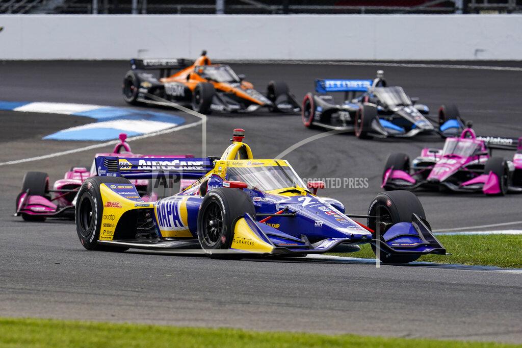 Michael Conroy Alexander Rossi drives through a turn during an IndyCar auto race at Indianapolis Motor Speedway in Indianapolis, Friday, Oct. 2, 2020. (AP Photo/Michael Conroy)
