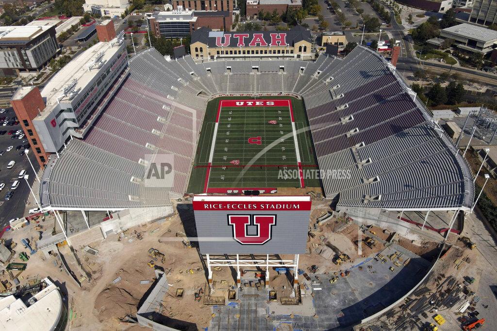 FILE - This Oct. 4, 2020 file drone photo, shows an aerial view of the University of Utah's Rice-Eccles Stadium in Salt Lake City. The season opener scheduled for Saturday between Utah and Arizona in Salt Lake City was canceled following a request from the Utes due to what the Pac-12 said were a number of COVID-19 cases among Utah players.(AP Photo/Julio Cortez. File)
