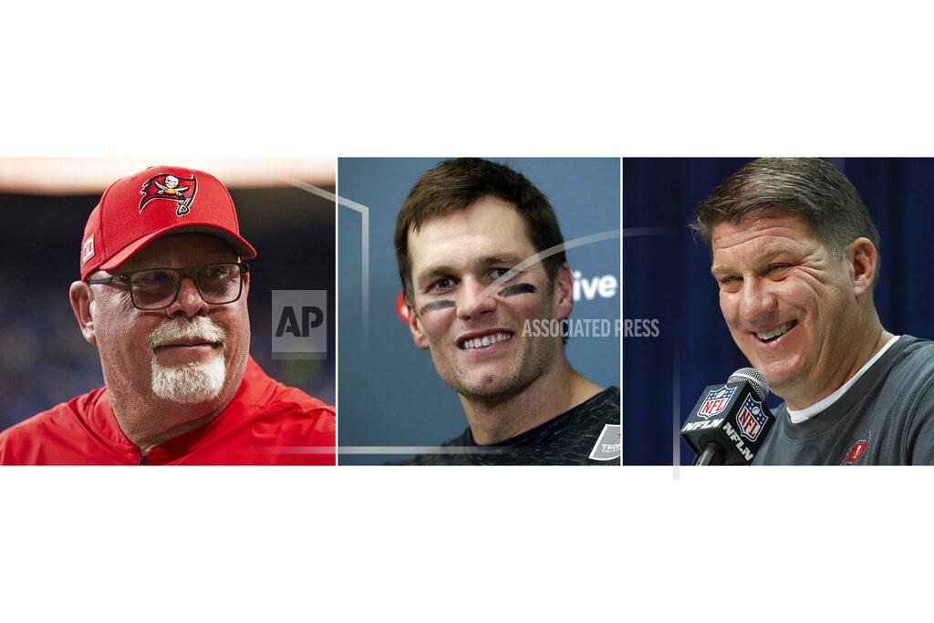 FILE - From left are file photos showing Bruce Arians, Tom Brady and Jason Licht. The Tampa Bay Buccaneers NFL football team will have a conference call to introduce the teams new quarterback Tom Brady, Tuesday, March 24, 2020. Tampa head coach Bruce Arians and general manager Jason Licht are expected to be on the call. (AP Photo/File)