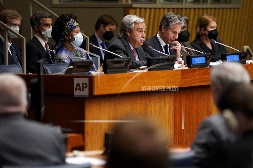 John Minchillo United Nations Secretary General Antonio Guterres, center, speaks as U.S. Secretary of State Antony Blinken chairs a ministerial meeting on growing food insecurity around the world, which has been exacerbated by Russia's war on Ukraine, Wednesday, May 18, 2022, in United Nations headquarters. (AP Photo/John Minchillo)