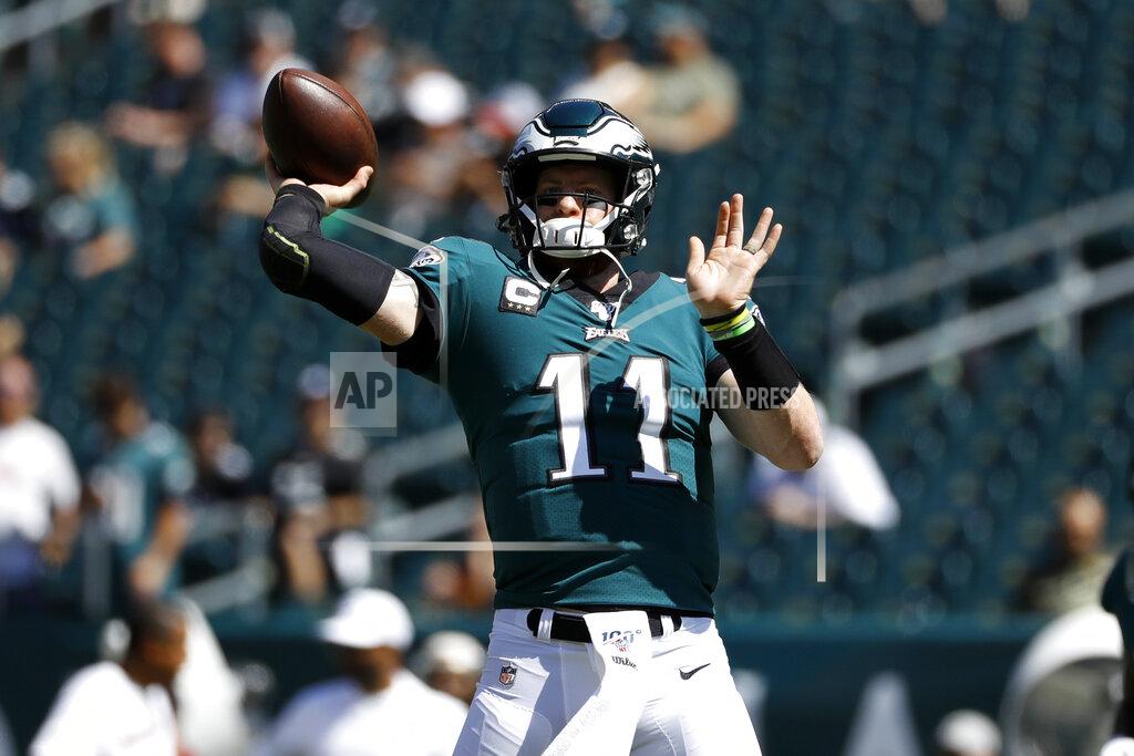 Michael Perez Philadelphia Eagles' Carson Wentz warms up before an NFL football game against the Washington Redskins, Sunday, Sept. 8, 2019, in Philadelphia. (AP Photo/Michael Perez)