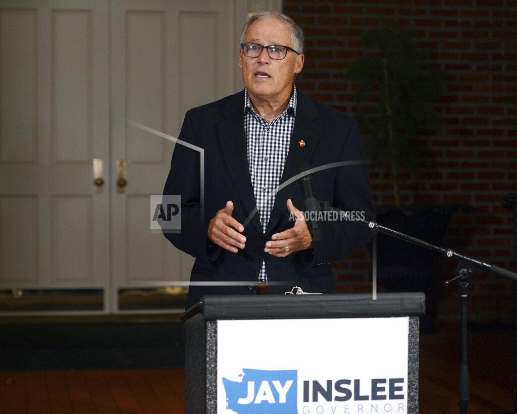 Steve Bloom Gov. Jay Inslee thanks the voters of Washington state after winning his third term, Tuesday, Nov. 3, 2020 in Olympia Wash. (Steve Bloom/The Olympian via AP)
