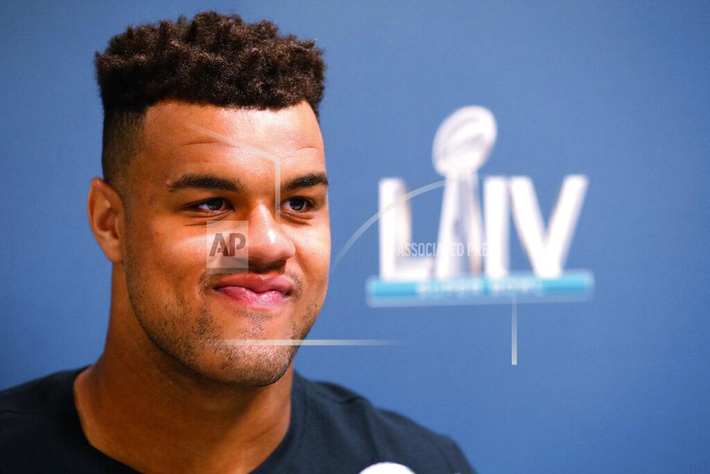 San Francisco 49ers defensive end Arik Armstead speaks during a media availability for the NFL Super Bowl 54 football game, on Tuesday, Jan. 28, 2020, in Miami. (AP Photo/Wilfredo Lee)