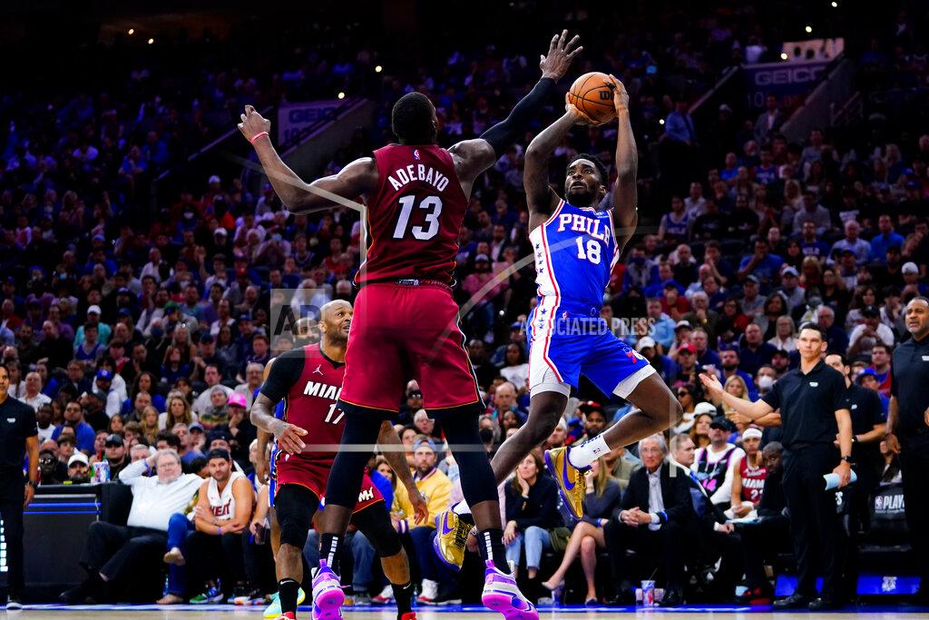 Matt Slocum Philadelphia 76ers' Shake Milton (18) goes up for a shot against Miami Heat's Bam Adebayo during the second half of Game 6 of an NBA basketball second-round playoff series, Thursday, May 12, 2022, in Philadelphia. (AP Photo/Matt Slocum)