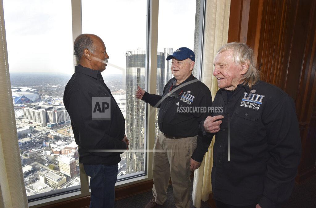 Members of the Never Miss a Super Bowl Club, from left, Gregory Eaton, Don Crisman and Tom Henschel, meet during a welcome luncheon in Atlanta on Friday, Feb. 1, 2019. (Hyosub Shin/Atlanta Journal-Constitution via AP)