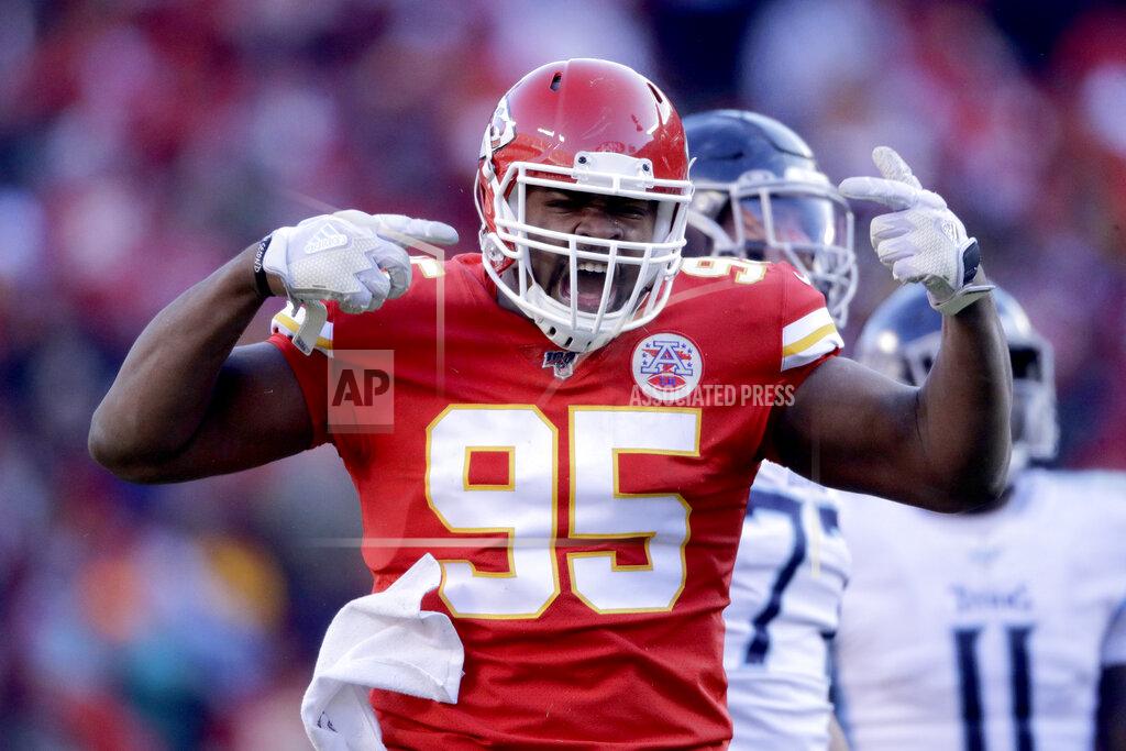 Charlie Riedel Kansas City Chiefs' Chris Jones reacts during the first half of the NFL AFC Championship football game against the Tennessee Titans Sunday, Jan. 19, 2020, in Kansas City, MO. (AP Photo/Charlie Riedel)