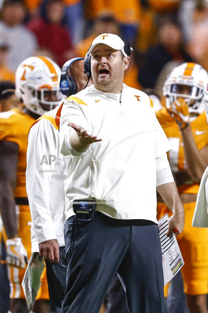 Tennessee head coach Josh Heupel reacts to a call during the second half of an NCAA college football game against Mississippi on Saturday, Oct. 16, 2021, in Knoxville, Tenn. Mississippi won 31-26. (AP Photo/Wade Payne)